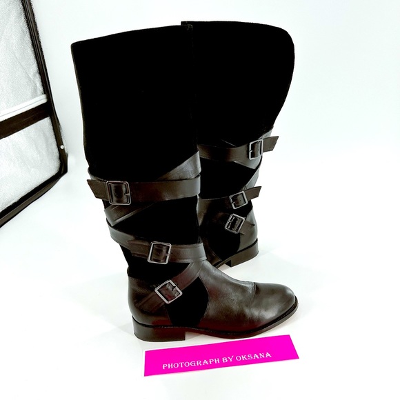 G.I.L.I Leather Tall Shaft Boots - Rivine , Black, Size 7 Black Leather/Suede - Picture 4 of 16